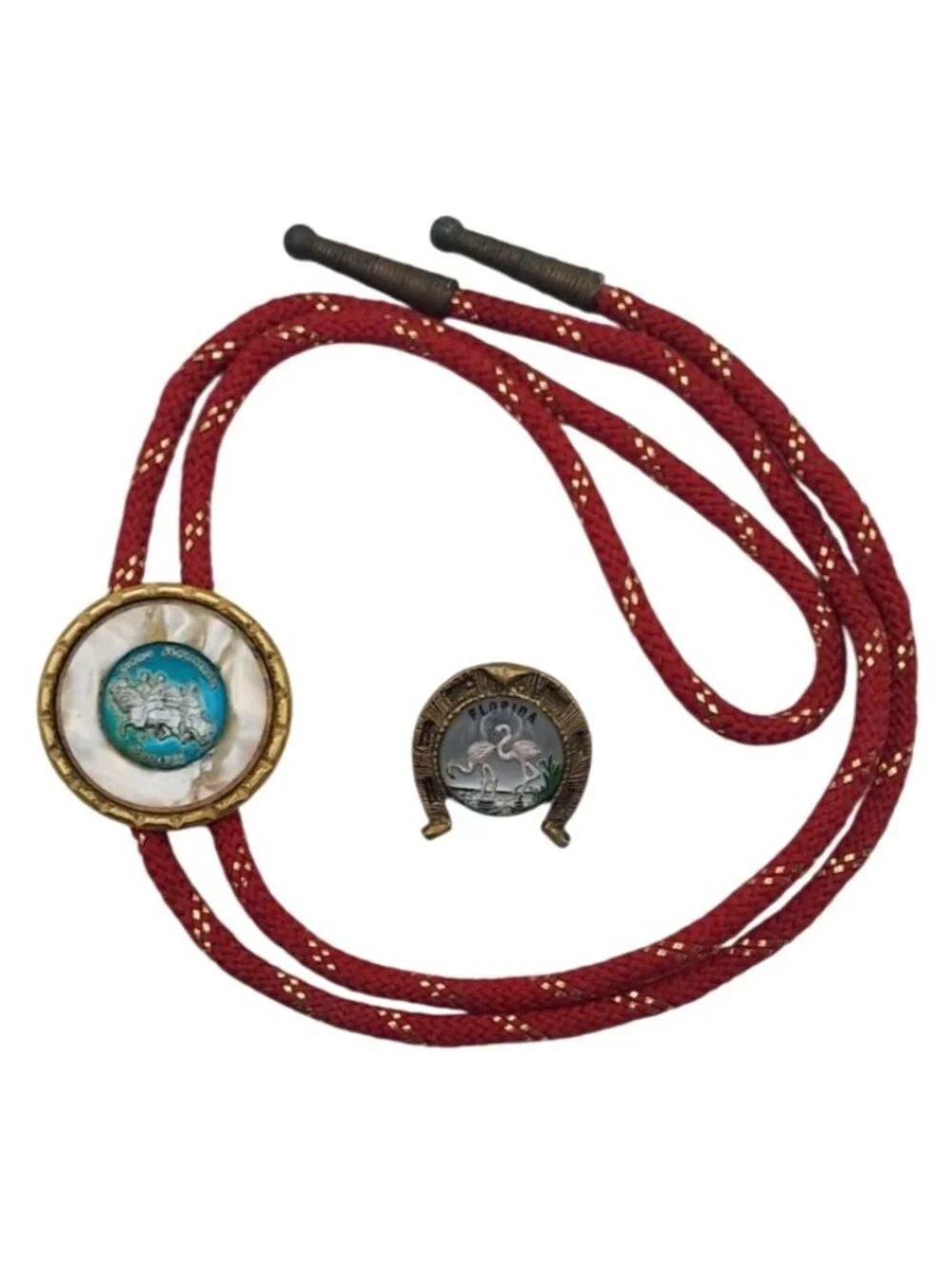 Vintage MCM Red Bolo Tie Stone Mountain GA & FL Flamingos Souvenir Slides